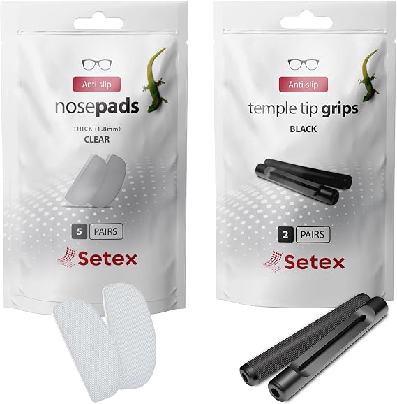 Setex Eyeglass Gecko Grip Bundle, Temple Tip Grips (2 Black Pair) + Thick Anti Slip Eyeglass Nose Pads (5 Clear Pair, 1.8mm), USA Made, Innovative Microstructured Fibers