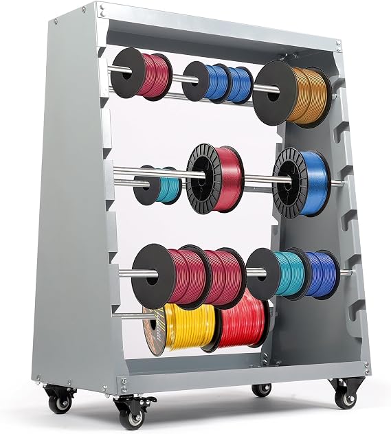 ikare Wire Spool Rack,Electrical Wire Assortment with Wheel | Automotive Wiring Storage,Heavy Duty 6 Rods Wire/Cable Dispenser for Electrical Industrial & Retail Use,300lbs Capacity,Gray