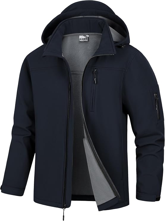 Men's Soft Shell Jacket Waterproof Military Tactical Coat Winter Fleece Lined Rain Jacket with Detachable Hood