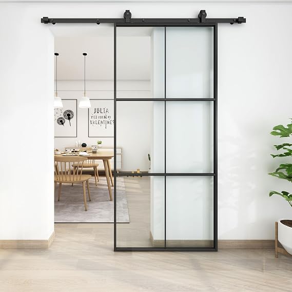 JUBEST 36in x 80in Glass Sliding Barn Door with 6ft Hardware kit, 3-Panel Black Aluminum Frame and Clear Tempered Glass Modern French Door, Easy to Install