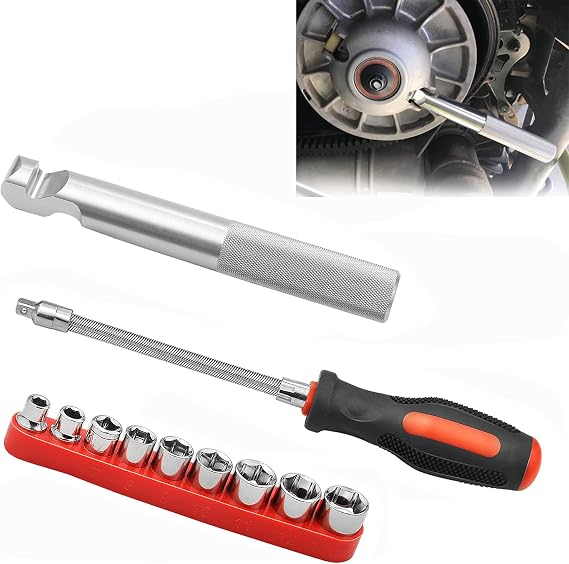 Belt Change Tool Kit for Polaris RZR, Clutch Cover Removal Tool, Silver | Complete belt change tool kit for compatible Polaris RZR models with flexible driver and reversible socket