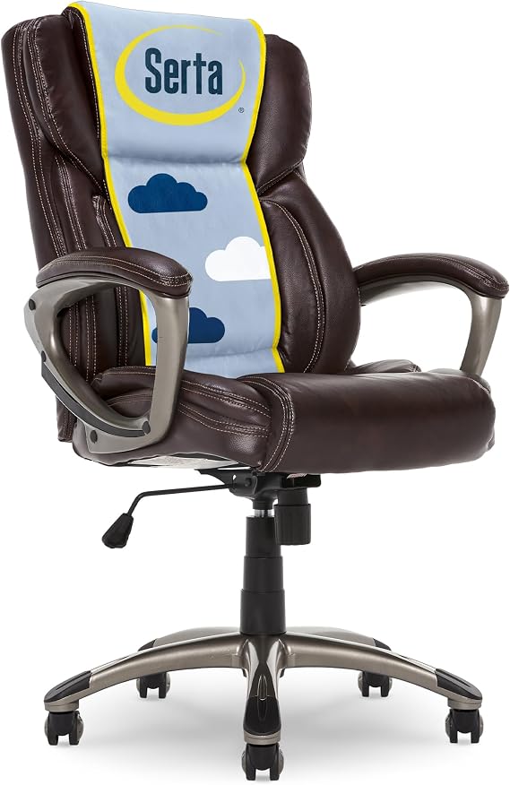 Serta Ergonomic Executive Office Chair with Lumbar Support, Leather Chair | Garret, Back Pain Relief, Foam Seat Cushion, Padded Arms, Adjustable Height and Reclining, Office Chair with Wheels, Brown