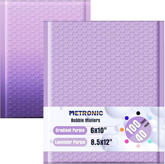 Metronic 100Pack 6x10 Gradient Purple + Bubble Mailers 40Pack 8.5x12 Lavender Purple Padded Envelopes,Waterproof Thick Padded Envelopes Strong Adhesive for Shipping, Mailing, Packaging