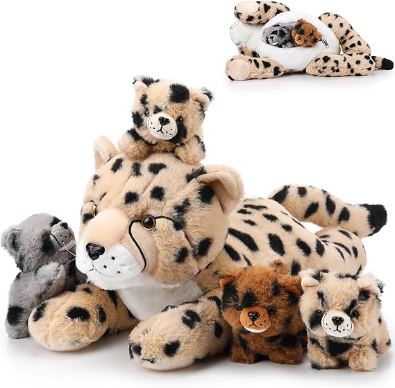 Silipull 5 Pcs Stuffed Cheetah with Babies Mommy & 4 Cubs Set,Lying Style | Soft Plush Toy, Mommy Tummy Pocket Hides 4 Colorful Baby Cheetahs, Birthday Graduation Gifts for Boys Girls, Party Decor