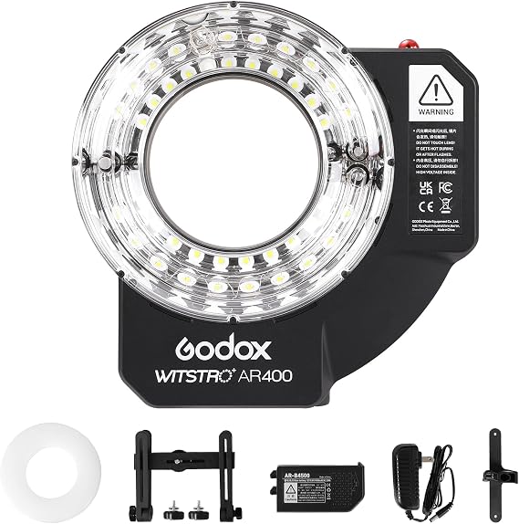 Godox AR400 Witstro 400Ws Ring Flash and LED Video Light with Diffuser | 1/8000s HSS, GN36 5600K Powerful Ringlight with 4500mAh Battery, S1/S2 Optical Slave, RPT for Portrait Macro Photography
