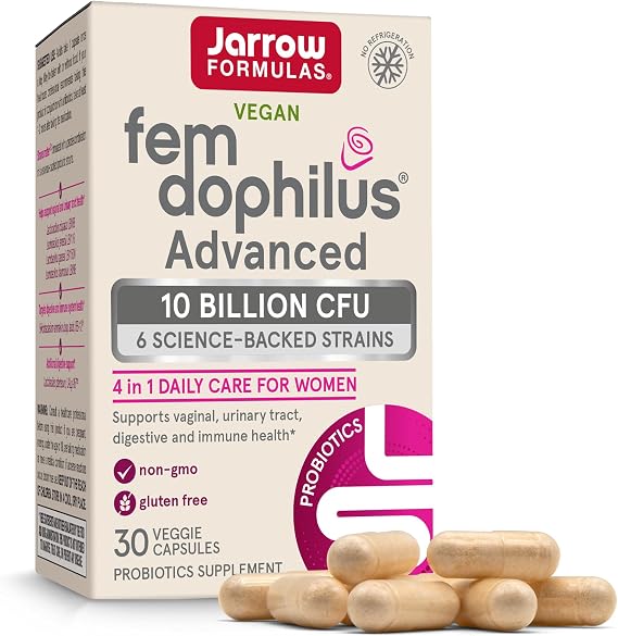 Jarrow Fem-Dophilus Advanced Vaginal & Digestive Probiotics, 30 Capsules | Women's Digestive Health, Urinary Tract Support, Vaginal Flora Support, 10 Billion CFU, 6 Probiotic Strains, Shelf-Stable