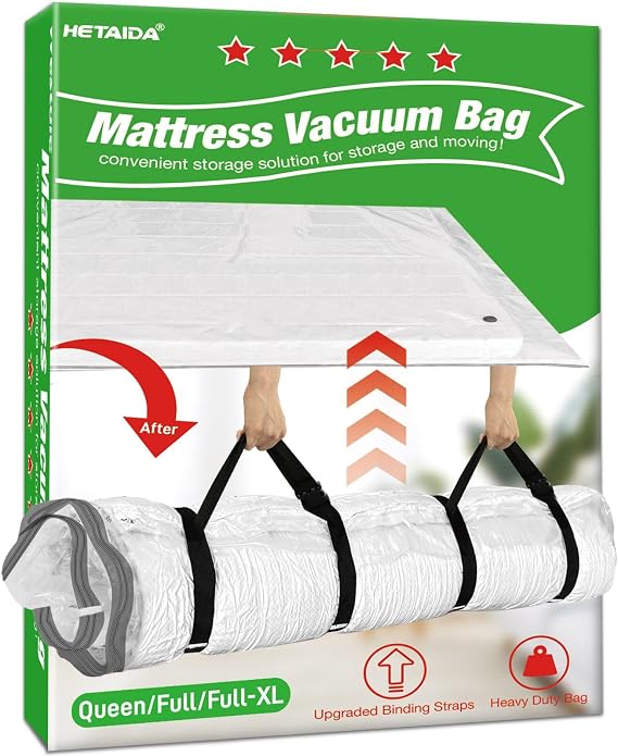 Mattress Vacuum Bag Queen/Full/Full-XL Straps for Moving Leakproof Double Zip Seal Mattress Compression Vacuum Storage Bags Space Saver for Memory Foam & Latex Mattress