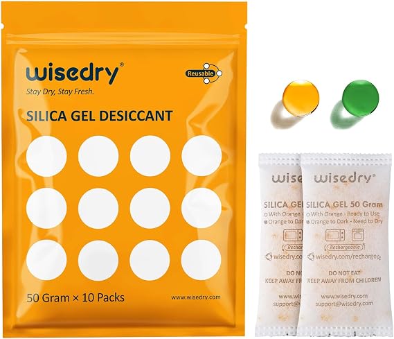 wisedry 50 Gram [10 Packs] Silica Gel Packets, Microwave Fast Reactivate Desiccant Packs with Indicating Beads, Reusable Silica Packets for 3D Filament, Drawers, Electronics, Valuables & Safes