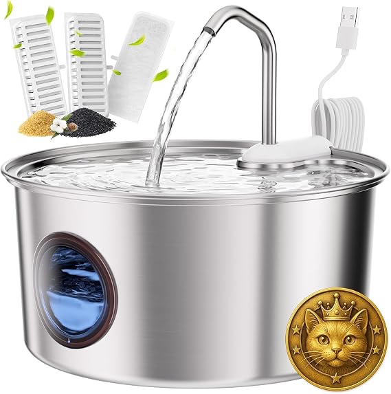 Cat Water Fountain Stainless Steel - 108oz/3.2L Automatic Cat Water Fountain for Drinking with 3PCS Filters, Metal Pet Water Fountain Water Dispenser for Cats, Dogs, Multiple Pets