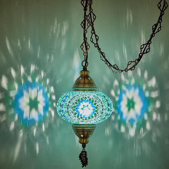DEMMEX Plug-in Turkish Moroccan Mosaic Hanging Pendant Ceiling Light Swag Lamp Fixture with 15ft Cord & Chain, Handcrafted Glass, Tiffany Style, Mediterranean Decor (Turquoise)