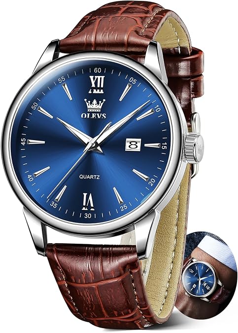 OLEVS Men Leather Watch,Mens Wrist Watches,Big Face Watches for Men,Leather Band Watches for Men,Day Date Watches for Men,Waterproof Watches for Men,Men Classic Watch,Reloj para Hombres
