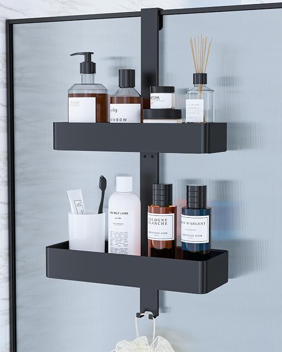 Kitsure Over Door Shower Caddy, 2-Tier Hanging Bathroom Shelf, Black