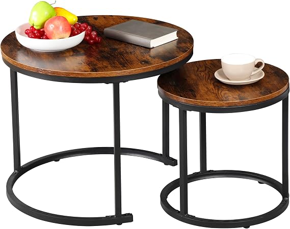 ZENY Nesting Coffee Table Set of 2, 23.6inch Round Coffee Table Wood Grain Top with Sturdy Metal Frame, Industrial End Table Side Tables for Living Room Bedroom Balcony Yard, Rustic Brown