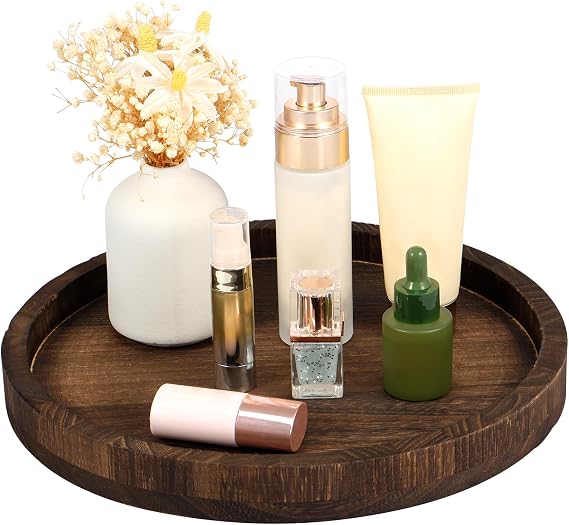 Wood Serving Tray, Wood Butler Decorative, 30cm Round Dessert Plate Multipurpose Candle Holder Tray Decorative Tray for Table Centerpiece Bathroom Decor 35x35x2cm