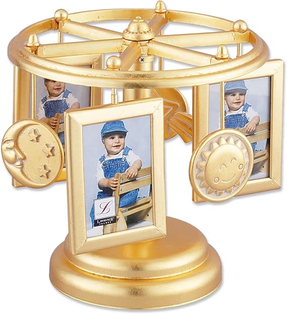 Lawrence Frames Wind Up Musical Carousel Picture Frame, Gold Sun, Moon, and Stars Design, Holds 6 2 by 3-Inch Photos