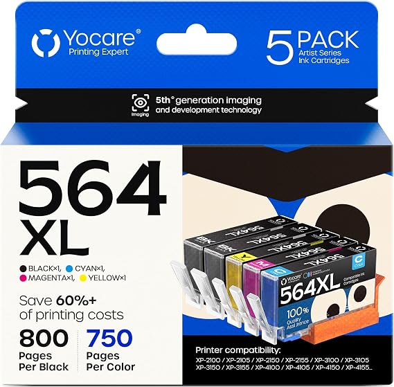 564XL High-Yield Ink Cartridges (5-Pack)| Replacement for HP 564 Combo Pack | Compatible with Photosmart 5520 6520 7510 7520 DeskJet 3520 Premium C309A C410A Printer (BK/PGBK/C/M/Y)