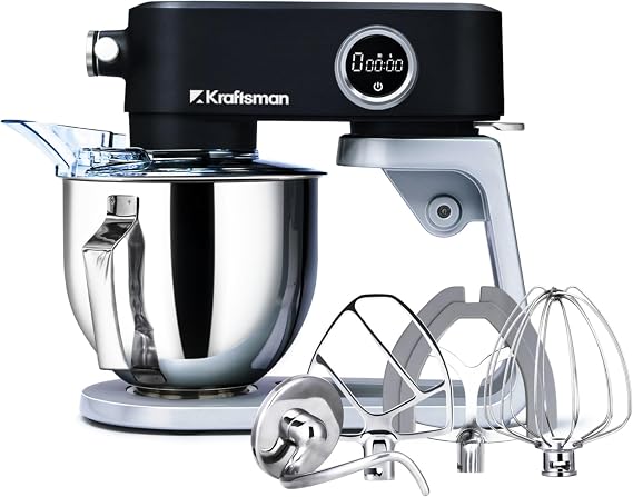 Full Metal Stand Mixer, 5L Food Mixer with Multi-Attachment Hub | Premium Professional Mixer with Stainless Steel Dough Hook, Whisk, Beater, Flex Edge Beater, 8 Speeds & Timer Function(Black)