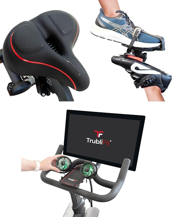Dual Function Toe Cages + Wide Bike Seat Dual Bike Fans with Phone Tray for Original Peloton Bike and Bike+ Bundle - Accessories for The Peloton Bikes