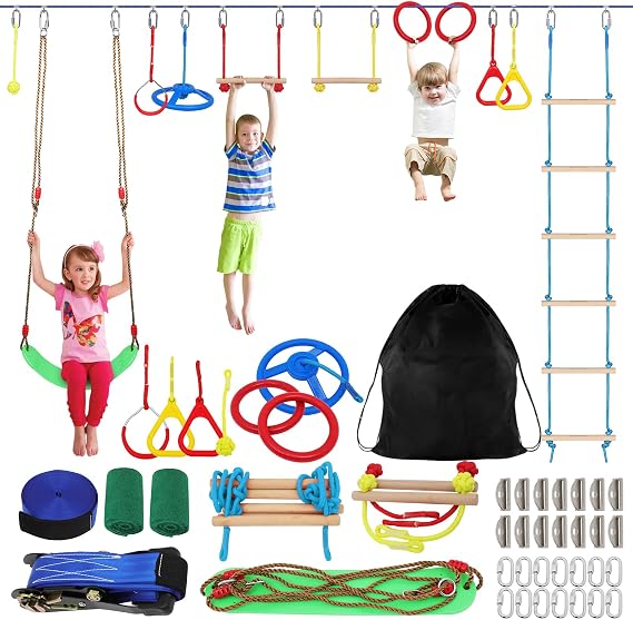 FAHKNS Ninja Warrior Obstacle Course for Kids, 65 FT Durable Slackline with 11 Obstacles-Swings, Monkey Bars, Arm Trainers and More, Weatherproof Outdoor Obstacle Course for Backyard,3+ Years Old