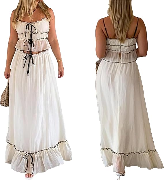 Skirt Sets Women 2 Piece Outfits Patchwork Front Tie-Up Camisoles And Ruched Ruffle Maxi Skirt Matching Set