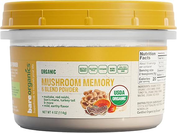 BareOrganics Mushroom Memory Blend Powder Organic Superfood Mushroom Supplement with Lions Mane, Reishi, Maitake & Turkey Tail, Vegan Adaptogenic Powder - 4 oz