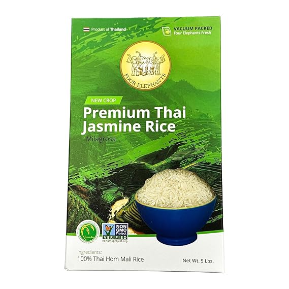 5 Pounds (LBS) Premium Thai Hom Mali Jasmine Rice | Endorsed By Pro Chefs | Four Elephants Brand | DIY Friendly Cooking Instructions Packaging