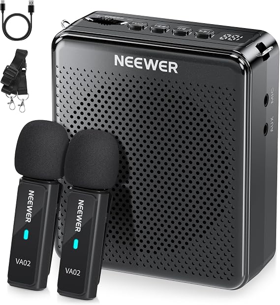 NEEWER VA02 Amplificador Voz con Micrófono Inalámbrico, Mini Altavoz Portátil Recargable USB C Cancelar Ruido Megáfono & Mic Set, 10 Hrs Duración, Alcance15m para Profesores Formadores Tour Guides
