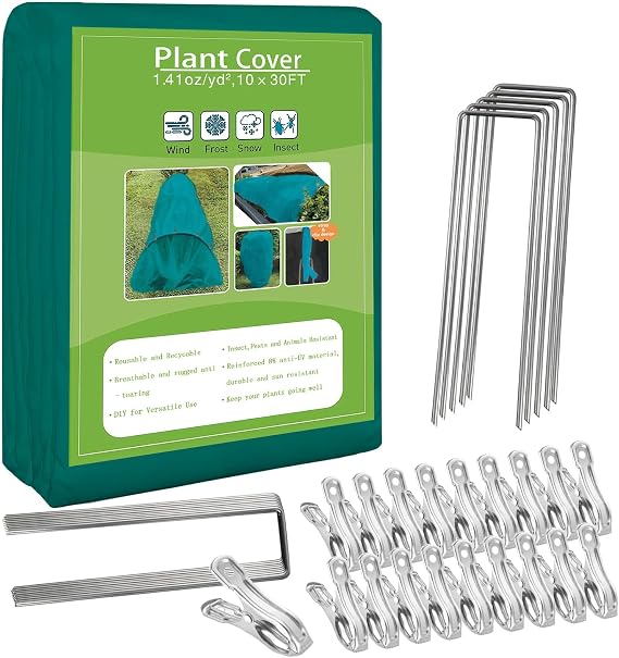 Plant Covers Freeze Protection, 10ft x 30ft 1.41 oz/yd2 Frost Cloth Plant Blankets Floating Row Covers with 20 Stainless Steel Clips for Winter Plants Gardens Frost/Sun Pests Protection, Dark Green