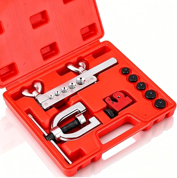 Brake Line Flaring Tool Kit, Double & Single 45 Flare Tool with Tubing Cutter, 5 Adapters 3/16"-1/2", for Copper Aluminum Brass Soft Steel Tubing