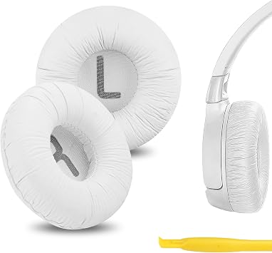 Geekria QuickFit Leatherette Replacement Ear Pads for JBL JR 300/ 300BT, T450BT/ 500BT, Tune 500/ 500BT/ 510BT, Tune 520BT Headphones, Ear Cushions with Video Guide White