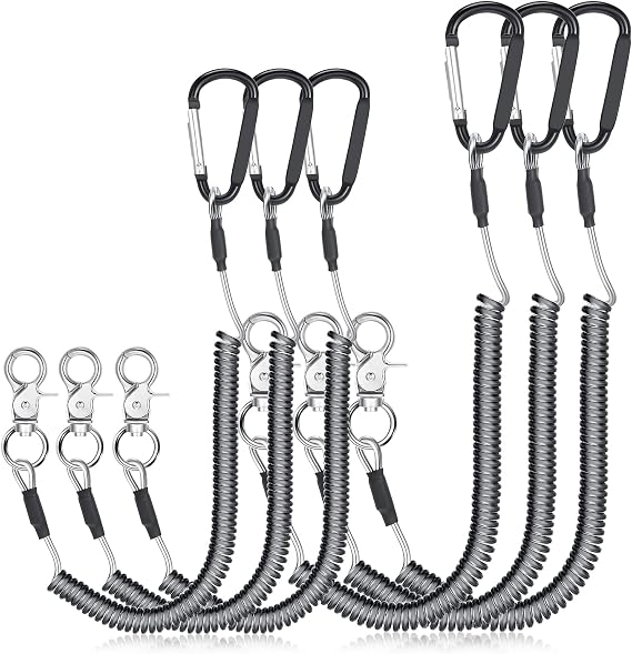 Woanger Coiled Lanyard for Tools Steel Wire Retractable,Black | Alloy Clips for Fishing Pliers Rods, Kayak Boating Tool Tether, Spring Cable Prevents Gear Loss, Hands-free Safety Design