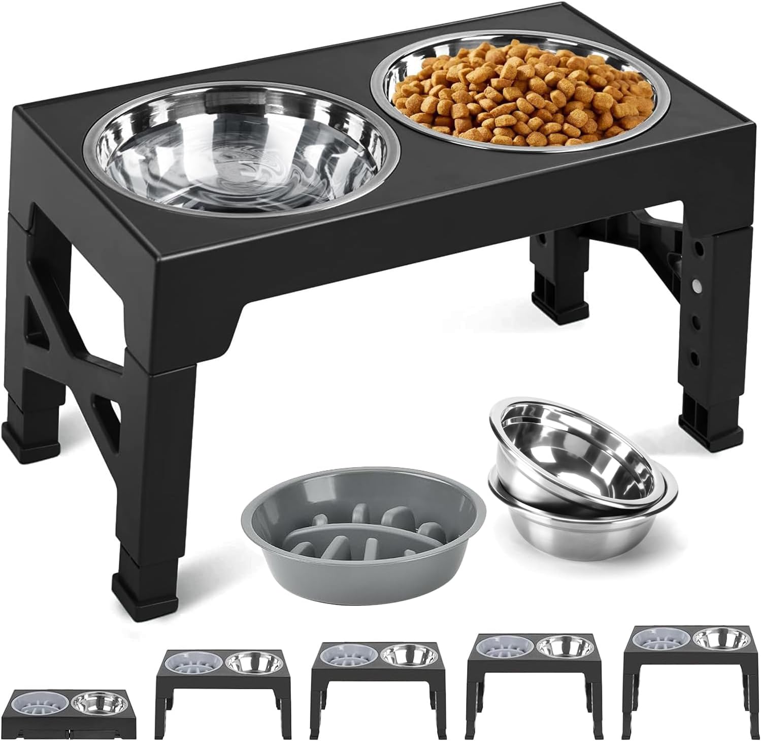 Raised Dog Bowl Stand- 5 Height Adjustable 2.95 to 12.2, Elevated Dog Bowls with 2 Stainless Steel Dishes &1 Slow Feeder Bowl, Pet Feeder Station for Small Medium Large Dogs