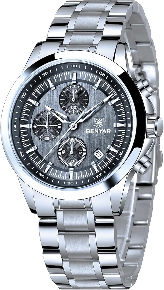 BENYAR Mens Watches Analog Quartz Chronograph Waterproof Wrist Watches for Men Fashion Business Casual Sport Dress Watch with Calendar Stainless Steel/Leather Strap Elegant Gifts for Men