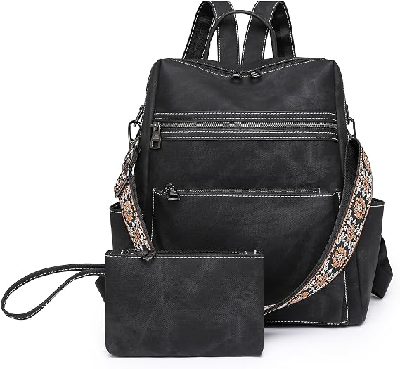 Backpack Purse for Women, PU Leather Backpack Purse, Waterproof Anti-Theft Women Back pack, Fashion Multi-Pocket Travel Backpack Shoulder Bag Handbag With Clutch, Black