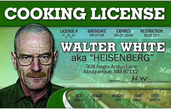 Signs 4 Fun Parody Drivers License | Walter White ID | Fake ID Novelty Card | Collectible Trading Card Drivers License | Novelty Gift for Holidays | Made in The USA