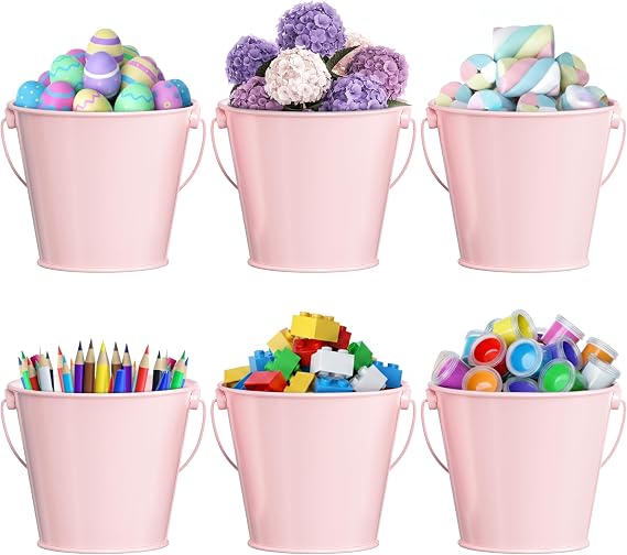 Small Metal Buckets with Handles - Rust Resistant Leak-Proof Mini Tin Buckets for Classroom, Party Favors, Organization, Weddings, Gardening - Set of 6, Pink