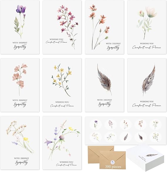 100 Sets Bulk Sympathy Cards with Envelope and Sticker, Flower