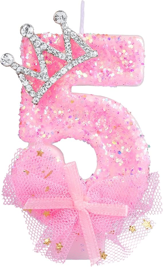 Birthday Number Candles, 2.95 Inch Crown Bow Mesh Candle Glitter Pink Number Candles Cake Topper Birthday Candles with Sequins for Anniversary Celebrations Supplies (Number 5)