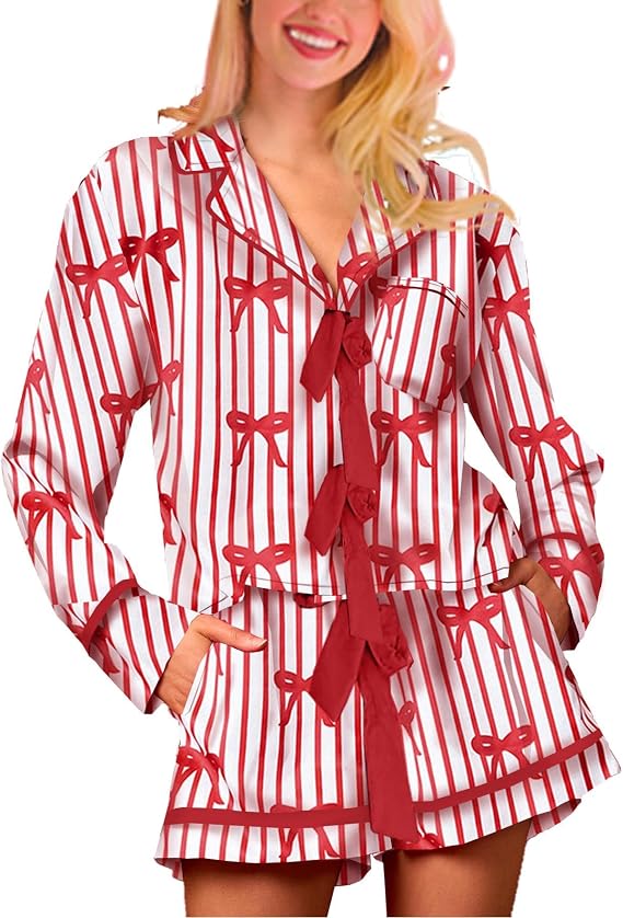 SOOKABEILA Womens Y2k Pajamas Bow Tie Long Sleeve Shirt and Ruffle Shorts Cute Silk 2 Piece Sleepwear Lounge Sets