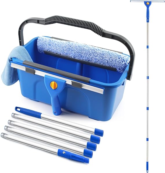 Window Cleaning Kit with Bucket, Squeegee and Scrubber for Home, Commercial