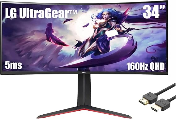 LG Ultragear QHD 34" Curved Gaming Monitor, 21:9 (3440x1440) VA with HDR 10 Compatibility, 160HZ, 5ms, AMD FreeSync Premium, Black, with MTC HDMI Cable