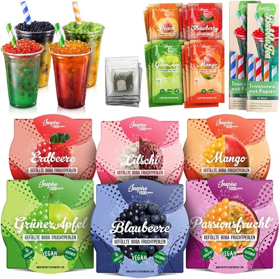 INSPIRE FOOD Bubble Tea Kit - 6x Popping Boba & 4x Syrup Set | Bubble Tea Kit with 6x Popping Boba Pearls and 4x Fruit Syrup | 100% Vegan & Glutenfree, No Artificial Colors
