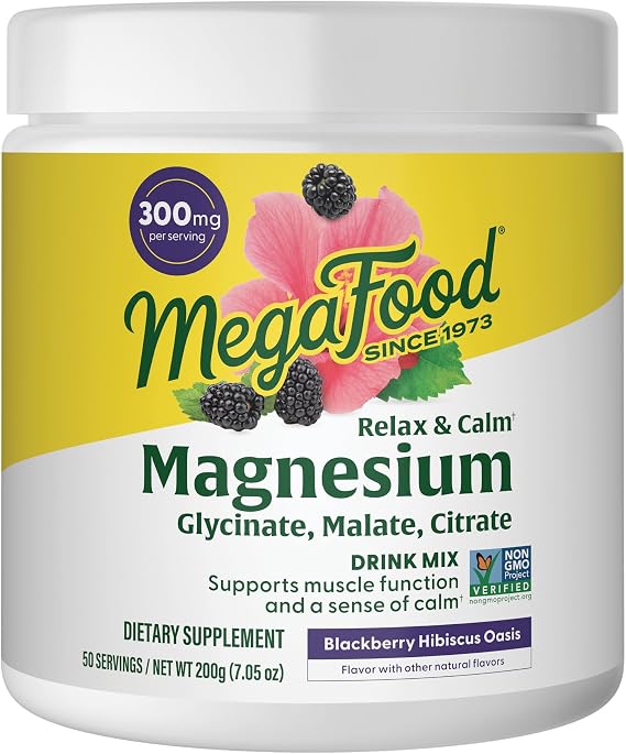 MegaFood Relax + Calm Magnesium Powder, BlackBerry Hibiscus Oasis, 7.05 Oz | Highly Absorbable Magnesium Glycinate, Citrate and Malate, Magnesium Complex Drink Mix, Without 9 Food Allergens, 50 Servings