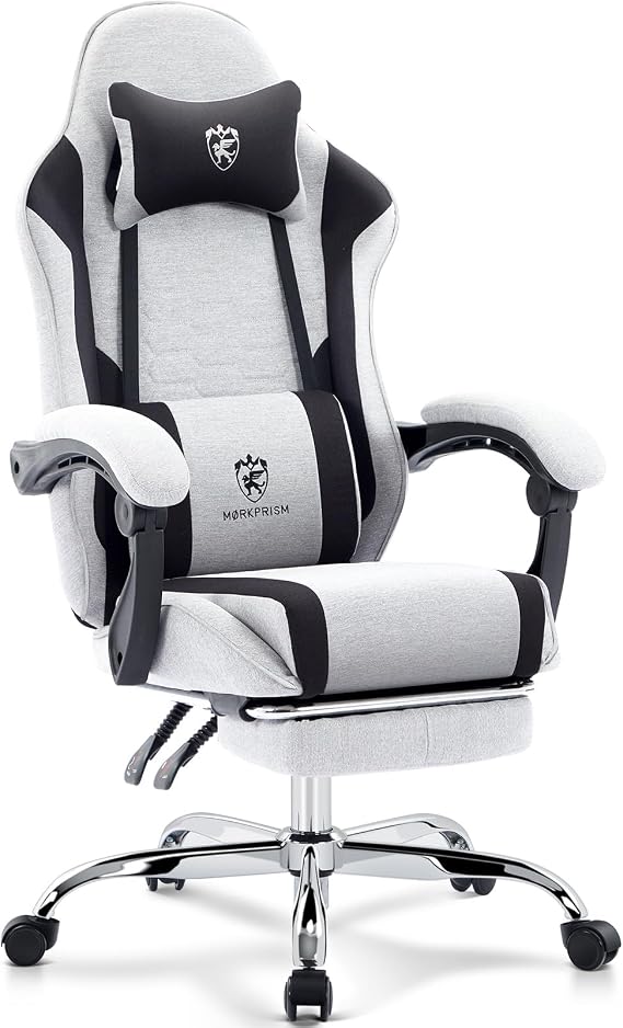 Gaming Chair,Office Chair with Footrest,Massage,Grey Black | Breathable Fabric,Gel Pad,Ergonomic,Spring Cushion,High Back,Reclining,Lumbar Support,Headrest,Computer Game Chair