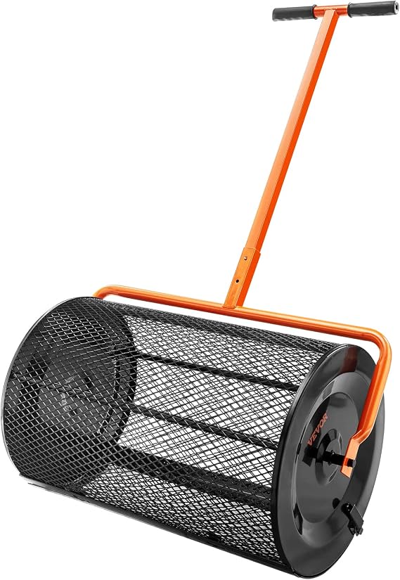 VEVOR Compost Spreader, 24.4-25.6" Height Adjustable Handle, 24" Wide, Lawn and Garden Peat Moss Roller with Side Latches, Powder Coated Steel Mesh Basket for Spreading Manure, Topsoil, Black | For Spreading Manure, Topsoil, Lawn and Garden Peat Moss Roller with Upgraded Side Latches, Powder Coated Steel Mesh Basket