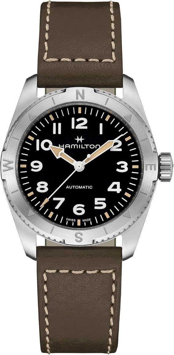 Hamilton Khaki Field Expedition Automatic Men's Watch, 37mm Stainless Steel Case, Swiss Made, Black Dial Analog Wrist Watch, 100m Waterproof, Sapphire Crystal, 3-Hand Movement, Calf Leather Strap