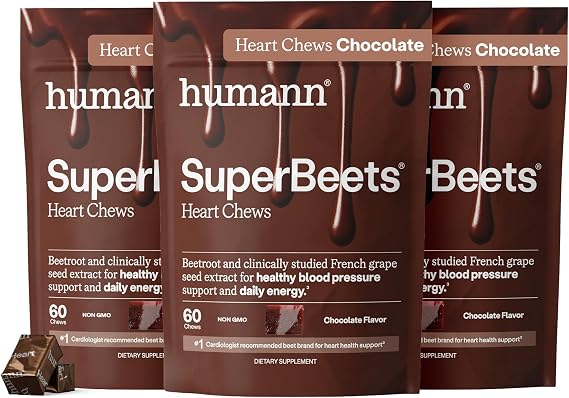HumanN SuperBeets Heart Chews, Nitric Oxide and Blood Pressure Support, Grape Seed Extract & Non-GMO Beet Root Powder Energy Supplement, Chocolate Flavor, 180 Count