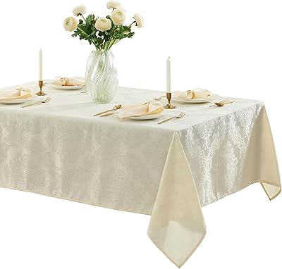Newbridge Barcelona Luxury Damask Fabric Tablecloth, 52 Wide x 52 Square, Antique White, 100% Polyester, No Iron, Soil Resistant Dining Room, Party and Banquet Table Cover
