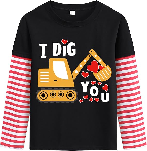 Toddler Boys Girls Valentines T-Shirt Kid Dinosaur Monster Truck Heart Graphic Strip Patchwork Sleeve Tees Tops 2-10 Years
