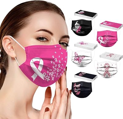 50PCS Disposable Face_Masks for Global Breast Cancer Awareness Day,Butterfly Printed Mask_s Disposable for Pink Ribbon Caring Day Adults Women